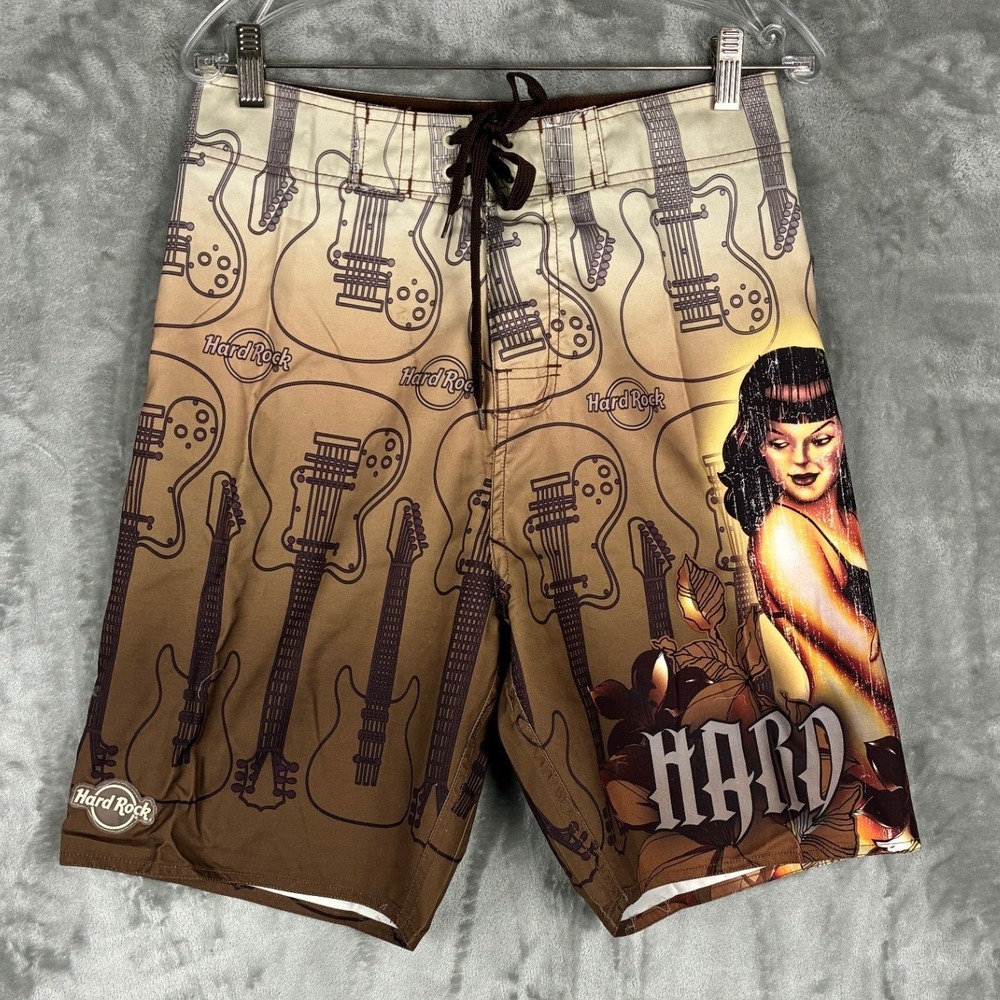 Hard Rock Cafe Mens 28 Vintage Surf Pinup Board Shorts Brown Guitar HR-5002‎ NWT